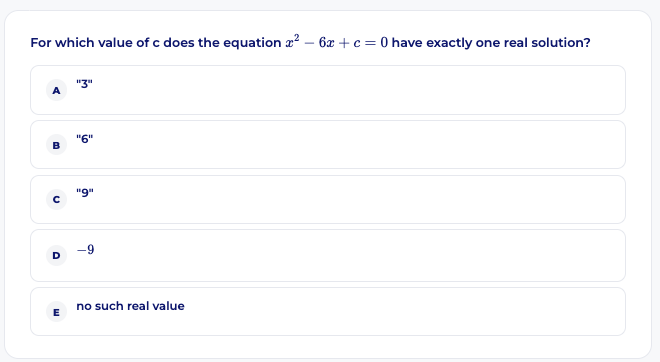 Bocconi Test mathematics practice question: a quadratic with exactly one real solution