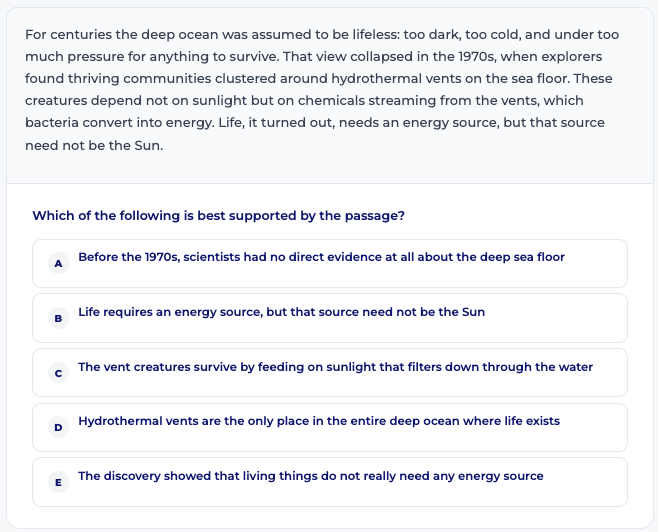 Bocconi Test reading comprehension practice question: the best-supported inference from a passage on deep-ocean life