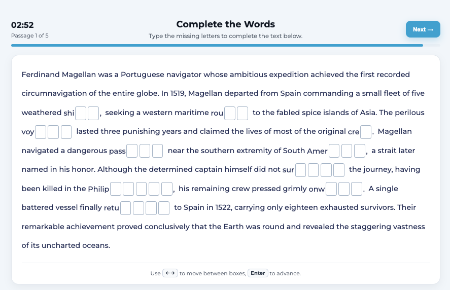 Complete the Words, a 2026 TOEFL reading task, timed, with letter boxes to complete words in a passage about Ferdinand Magellan