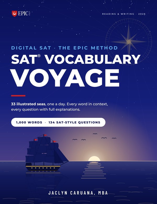 Front cover of SAT Vocabulary Voyage, Digital SAT, The EPIC Method, by Jaclyn Caruana, MBA: 33 illustrated seas, 1,000 words, 134 SAT-style questions