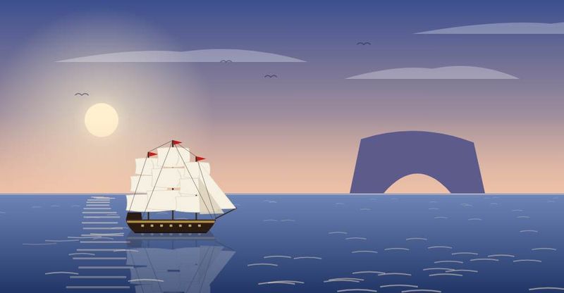Illustration from SAT Vocabulary Voyage: a tall ship at sunset beside a rock arch, opening Day 1, the Sea of Paradox
