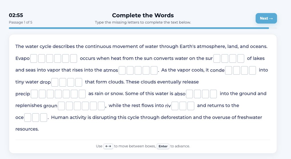 Complete the Words drill: students fill in missing letters in academic passages