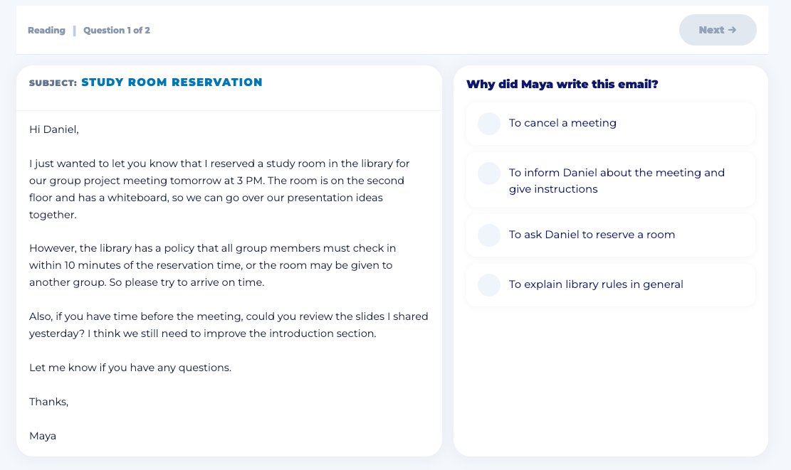 Read in Daily Life: email comprehension question with multiple choice answers