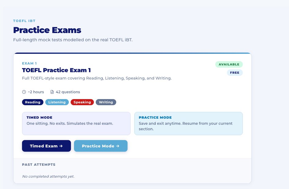 Practice Exams page showing TOEFL Practice Exam 1 marked as FREE and AVAILABLE
